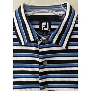 FootJoy Men's Medium‎ Blue Black Short Sleeve Striped Golf Polo Sleeve Logo